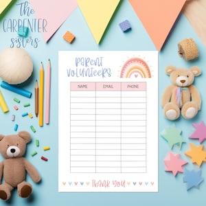 Folha de voluntariado dos pais, Download digital, Imprimível para creche ou escola, Inscrição para voluntariado dos pais para impressão, Download digital