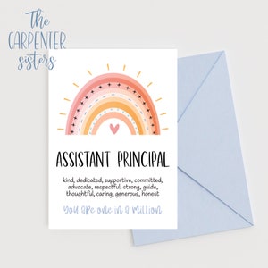 Pode incluir: Um cart&atilde;o com um design de arco-&iacute;ris e o texto "Assistant Principal" com uma lista de qualidades positivas e a frase "Voc&ecirc; &eacute; &uacute;nico".