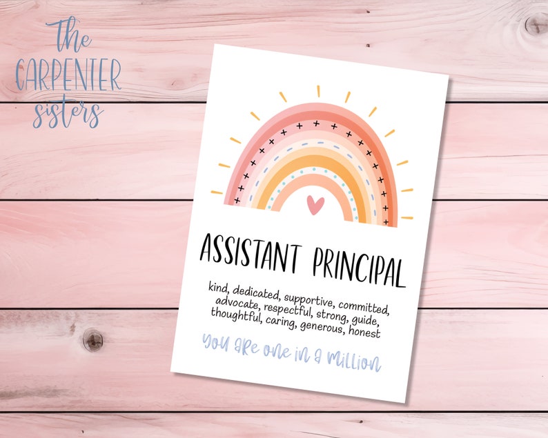 Pode incluir: Um cart&atilde;o imprim&iacute;vel com um design de arco-&iacute;ris e o texto "Assistant Principal" com uma lista de atributos positivos e a frase "Voc&ecirc; &eacute; &uacute;nico".