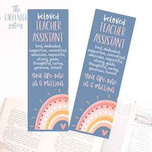 May include: Two blue bookmarks with a rainbow design and the text "beloved teacher assistant" and "You are one in a million".