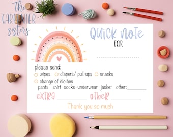 Daycare quick note, Digital Download, Childcare card to parents, Rainbow supplies note printable, Digital download