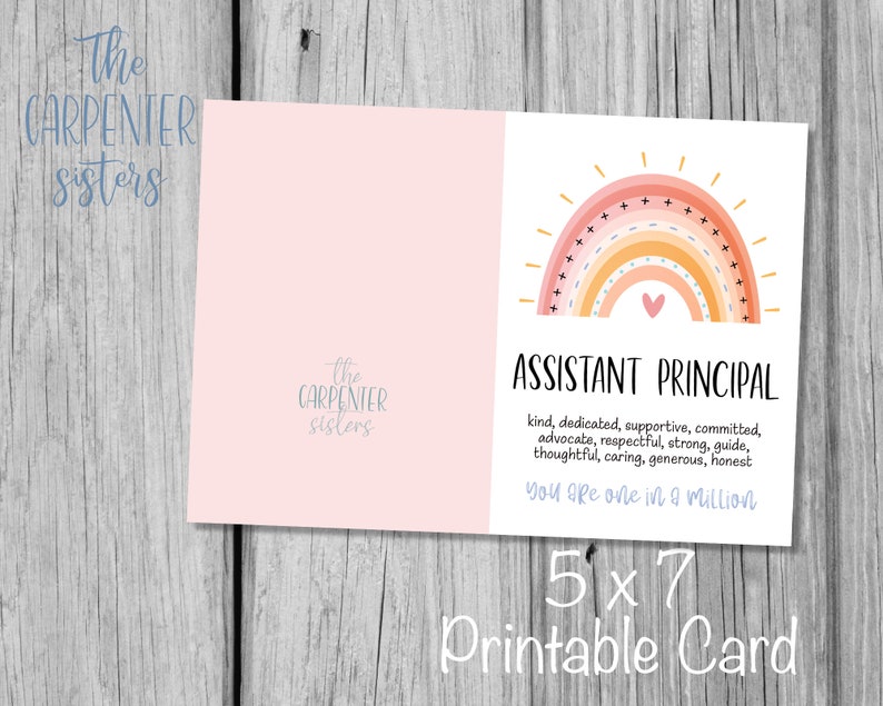 Pode incluir: Cart&atilde;o imprim&iacute;vel com um design de arco-&iacute;ris e o texto "Assistant Principal" com uma lista de atributos positivos. O cart&atilde;o tamb&eacute;m inclui o texto "Voc&ecirc; &eacute; &uacute;nico" e "Cart&atilde;o imprim&iacute;vel 5x7".