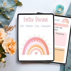 May include: A digital tablet displaying a printable Lectio Divina worksheet with a rainbow and heart design. The text on the worksheet reads "Lectio Divina" and "Read ~ Meditate ~ Pray ~ Contemplate".