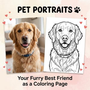 Puede incluir: Un retrato de un perro golden retriever junto a un dibujo lineal en blanco y negro del mismo perro. El texto "PET PORTRAITS" y "Your Furry Best Friend as a Coloring Page" se muestran sobre un fondo rosa con acentos de coraz&oacute;n.