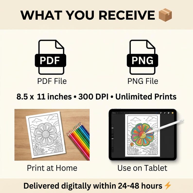 Puede incluir: Imagen que muestra p&aacute;ginas para colorear digitales disponibles como archivos PDF y PNG. La imagen incluye una p&aacute;gina para colorear impresa con l&aacute;pices de colores y una tableta que muestra una versi&oacute;n coloreada. Las p&aacute;ginas miden 21,6 x 27,9 cm.