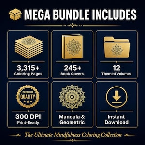 Puede incluir: Gr&aacute;fico de un paquete de arte digital con elementos dorados sobre un fondo azul oscuro. El texto dice "MEGA BUNDLE INCLUDES" y enumera 3.315+ p&aacute;ginas para colorear, 245+ portadas de libros y 12 vol&uacute;menes tem&aacute;ticos. Tambi&eacute;n incluye dise&ntilde;os "Mandala & Geometric" y "Descarga instant&aacute;nea".