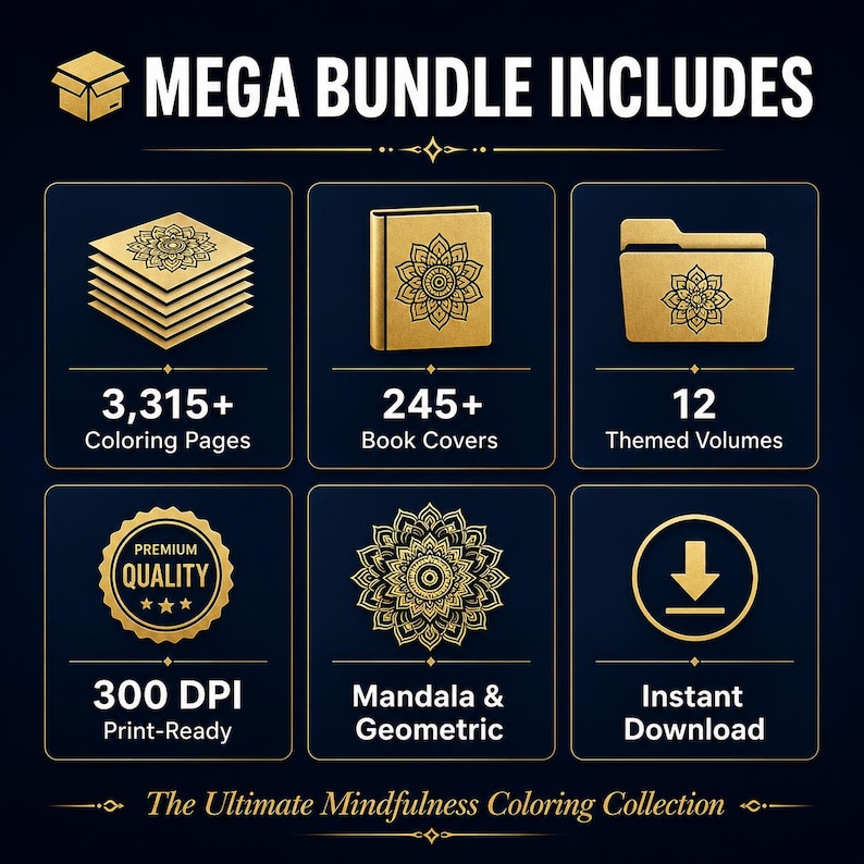 Puede incluir: Gr&aacute;fico de un paquete de arte digital con elementos dorados sobre un fondo azul oscuro. El texto dice "MEGA BUNDLE INCLUDES" y enumera 3.315+ p&aacute;ginas para colorear, 245+ portadas de libros y 12 vol&uacute;menes tem&aacute;ticos. Tambi&eacute;n incluye dise&ntilde;os "Mandala & Geometric" y "Descarga instant&aacute;nea".