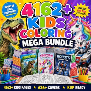 Puede incluir: Imagen promocional de un mega pack de libros para colorear para niños. La imagen presenta pilas de libros para colorear con portadas que muestran dinosaurios, unicornios y robots. El texto incluye "4162+ KIDS COLORING MEGA BUNDLE".