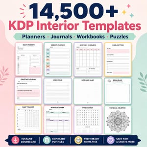 Op de afbeelding: Een digitale collectie van 14.500+ KDP-interieursjablonen met planners, dagboeken, werkboeken en puzzels. De afbeelding toont twaalf verschillende paginalay-outs, waaronder dag-, week- en maandplanners, gewoonte-trackers en mandala-kleurplaten.