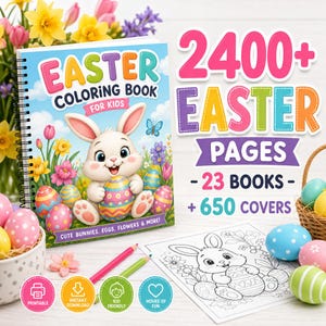 Può includere: Un libro da colorare pasquale per bambini con un coniglietto dei cartoni animati che tiene un uovo decorato. La copertina recita "Easter Coloring Book for Kids" con il testo "Cute Bunnies, Eggs, Flowers & More!". Il testo aggiuntivo indica 2400+ pagine pasquali, 23 libri e 650 copertine.