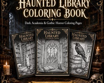 230 Dark Academia Coloring Pages | Haunted Library Coloring Book for Adults | Gothic Horror Ravens Skulls | Commercial Use | PDF