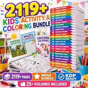 Puede incluir: Un colorido paquete de actividades y libros para colorear para niños con el texto "2119+ KIDS ACTIVITY & COLORING BUNDLE". La imagen muestra varios libros para colorear, incluyendo "Dinosaur Adventures", "Mazes & Puzzles" y "Unicorn Coloring". También se ve una pila de libros de actividades.