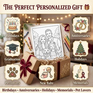 Puede incluir: Una caja de regalo personalizada con una p&aacute;gina para colorear de retrato familiar, crayones y elementos decorativos. La caja est&aacute; rodeada de iconos para cumplea&ntilde;os, aniversarios, festivos, conmemoraciones, amantes de las mascotas, graduaci&oacute;n y beb&eacute;.