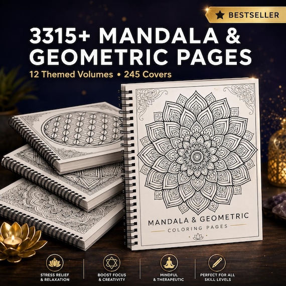 3315 Mandala & Geometric Coloring Pages | Bold Easy Adult Coloring Book | Mindfulness Stress Relief | Printable Download
