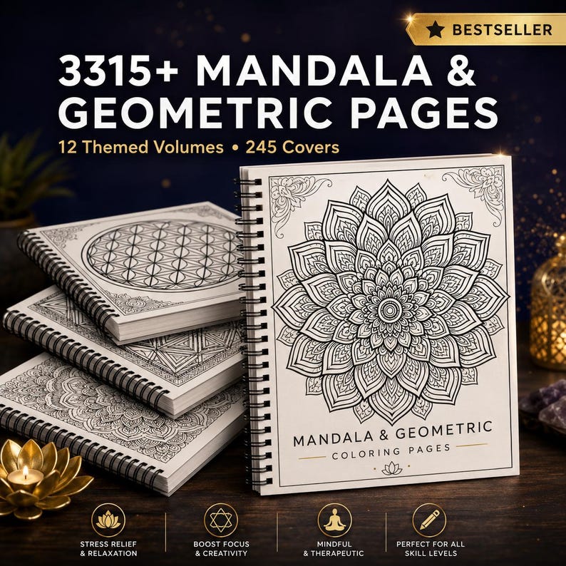 Puede incluir: Una pila de libros para colorear mandalas y geom&eacute;tricos con encuadernaci&oacute;n en espiral. La portada del libro superior presenta un dise&ntilde;o de mandala grande y detallado. El texto de la portada dice "MANDALA & GEOMETRIC COLORING PAGES". La imagen tambi&eacute;n incluye el texto "3315+ MANDALA & GEOMETRIC PAGES".