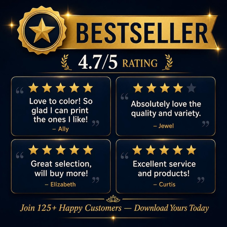 Puede incluir: Una pancarta dorada con la palabra "BESTSELLER" y un emblema de estrella. Debajo, se muestra una calificaci&oacute;n de 4.7/5. Se muestran cuatro rese&ntilde;as de clientes, cada una con una calificaci&oacute;n de 5 estrellas y comentarios positivos. El texto "&Uacute;nete a m&aacute;s de 125 clientes satisfechos - Desc&aacute;rgalo hoy" est&aacute; en la parte inferior.