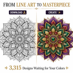 Puede incluir: Imagen dividida en dos partes: un mandala en blanco y negro y un mandala colorido. Se muestra el texto "FROM LINE ART TO MASTERPIECE" y "3,315 Designs Waiting for Your Colors". Botones con "DOWNLOAD" y "CREATE".