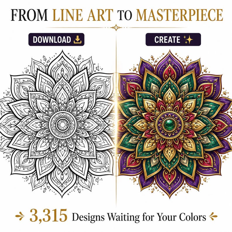 Puede incluir: Imagen dividida en dos partes: un mandala en blanco y negro y un mandala colorido. Se muestra el texto "FROM LINE ART TO MASTERPIECE" y "3,315 Designs Waiting for Your Colors". Botones con "DOWNLOAD" y "CREATE".