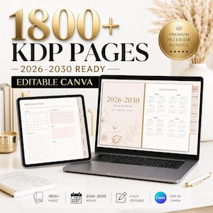 Può includere: Un laptop e un tablet mostrano un planner con il testo "2026-2030 Planner". L'immagine include il testo "1800+ KDP PAGES" e "EDITABLE CANVA". Un distintivo dorato recita "PREMIUM INTERIOR BUNDLE".