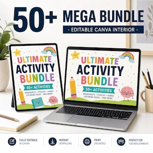 Può includere: Un laptop e un tablet mostrano l'"Ultimate Activity Bundle" con grafica colorata, tra cui un arcobaleno, una stella e una matita. Il testo recita "50+ Attività" e "Fogli di lavoro, puzzle, giochi, pagine da colorare e altro!" L'immagine mostra anche "50+ Mega Bundle".