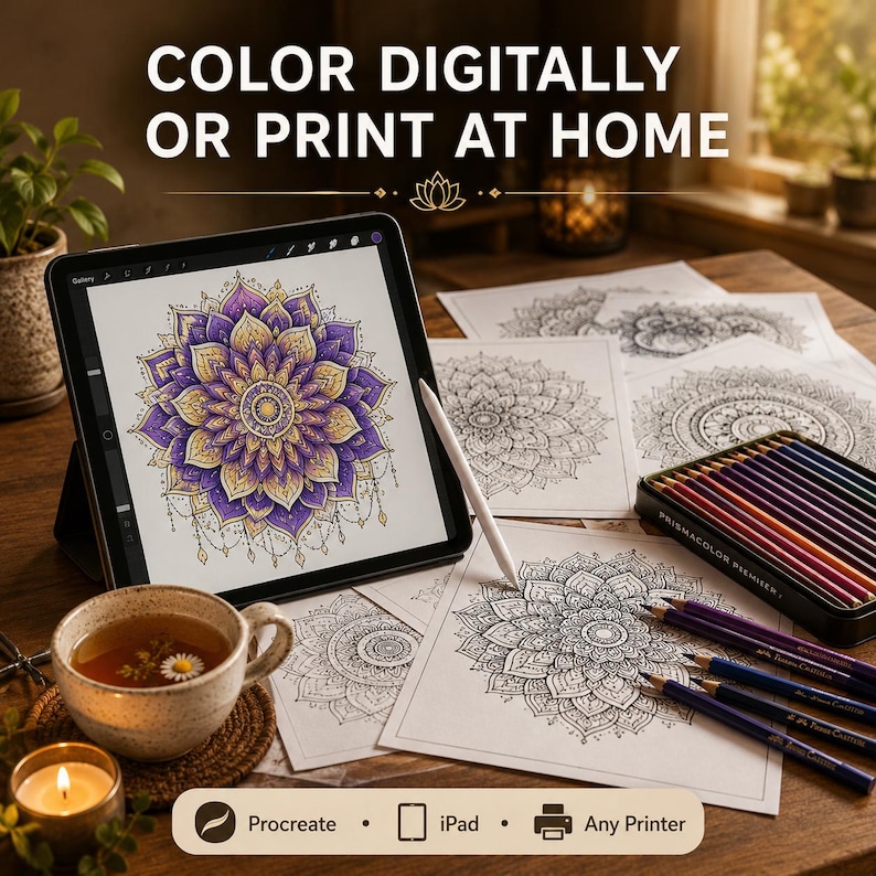 Puede incluir: Una configuraci&oacute;n de arte digital con una tableta que muestra un vibrante dise&ntilde;o de mandala coloreado en p&uacute;rpura y dorado. El texto dice &laquo; COLOREA DIGITALMENTE O IMPRIME EN CASA &raquo;. Tambi&eacute;n se ven l&aacute;pices de colores y p&aacute;ginas para colorear mandalas impresas.