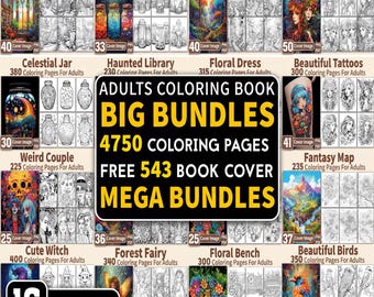 Zestaw ponad 4750 kolorowanek dla dorosłych – kolorowanka fantasy do druku, która pomoże Ci się odstresować | Megapakiet wnętrz KDP | 543 okładki książek