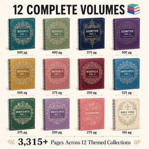 Puede incluir: Una colecci&oacute;n de 12 libros para colorear con espiral, con dise&ntilde;os y t&iacute;tulos variados, incluyendo "Mindful", "Geometric" y "Mandala". Los libros tienen diferentes recuentos de p&aacute;ginas, con un total de m&aacute;s de 3.315 p&aacute;ginas en las colecciones tem&aacute;ticas.