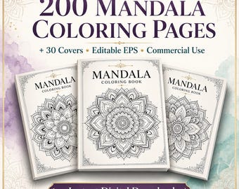 200 Mandala Coloring Pages | KDP Interior + 30 Covers | Commercial Use Coloring Book Bundle | Editable EPS | Adult Mandala | PDF