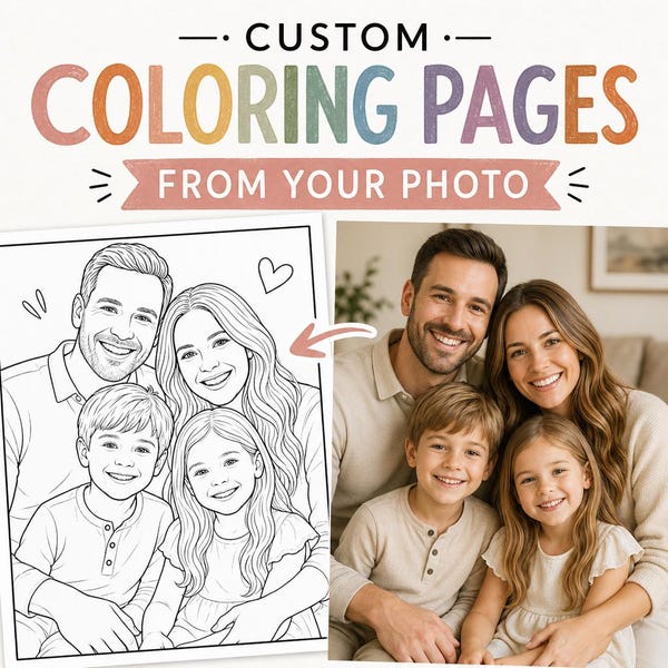 Página para colorear personalizada a partir de una foto / Dibujo lineal personalizado de mascota y familia / Regalo digital imprimible