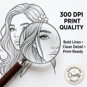 Puede incluir: Dibujo lineal en blanco y negro del rostro de una mujer, parcialmente ampliado por una lupa. La imagen incluye el texto "300 DPI PRINT QUALITY", "Bold Lines", "Clean Detail" y "Print-Ready". Tambi&eacute;n hay un sello circular "Handcrafted Quality".
