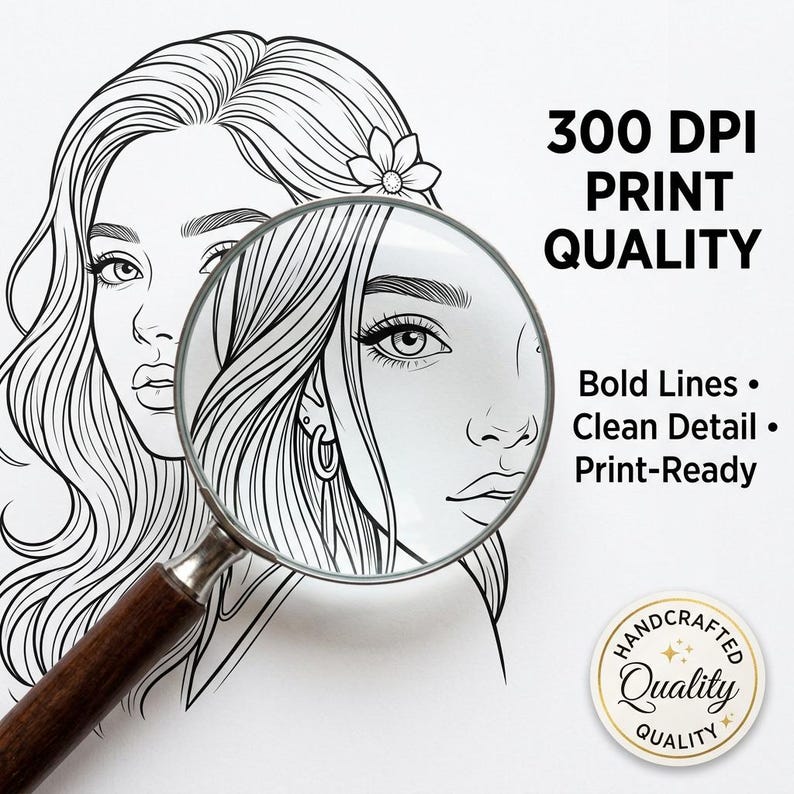 Puede incluir: Dibujo lineal en blanco y negro del rostro de una mujer, parcialmente ampliado por una lupa. La imagen incluye el texto "300 DPI PRINT QUALITY", "Bold Lines", "Clean Detail" y "Print-Ready". Tambi&eacute;n hay un sello circular "Handcrafted Quality".