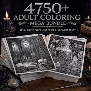 Può includere: Una pila di libri da colorare per adulti con intricate illustrazioni in bianco e nero. L'artwork della copertina presenta scene gotiche, un barattolo da farmacia dettagliato e farfalle. Il testo recita "4750+ ADULT COLORING MEGA BUNDLE".