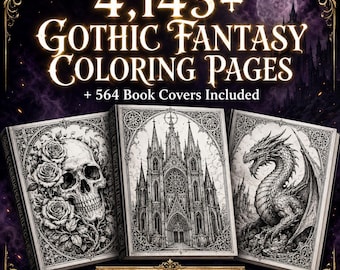 Libro para colorear gótico para adultos / Más de 4143 páginas para colorear de fantasía oscura / Arte de catedral de brujas con dragones y calaveras / Paquete KDP / PDF imprimible
