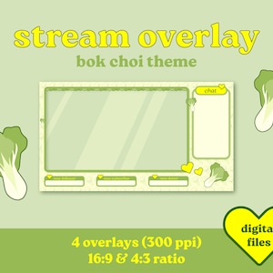 Puede incluir: Una plantilla de superposición de transmisión digital con un tema de bok choy. La superposición presenta un fondo verde con acentos amarillos y un cuadro de chat. El texto "stream overlay" y "bok choy theme" se muestra en amarillo. El texto "chat" se muestra en un cuadro blanco con un corazón amarillo. El texto "4 overlays (300 ppi) 16:9 & 4:3 ratio" se muestra en amarillo. El texto "digital files" se muestra en un corazón amarillo.