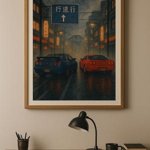 Tokyo Street Racing Wall Art Digital Print (Red & Blue Car)