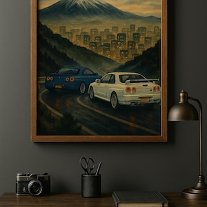 Tokyo Street Racing Wall Art Digital Print (White & Blue Car)