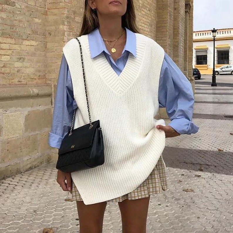 Women's Oversized V Neck Knit Sweater Vest Tunic Sleeveless Pullover ...