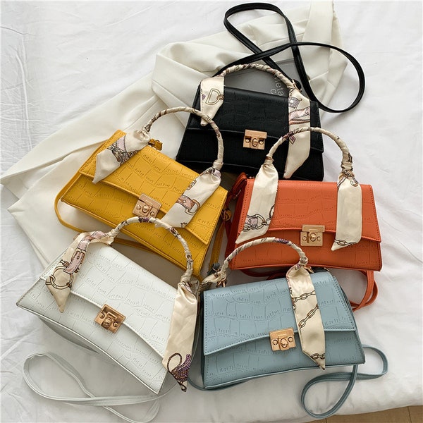 New Cute Fashion Trending| High Quality Chain Beige Silk Scarf , Crossbody Bag