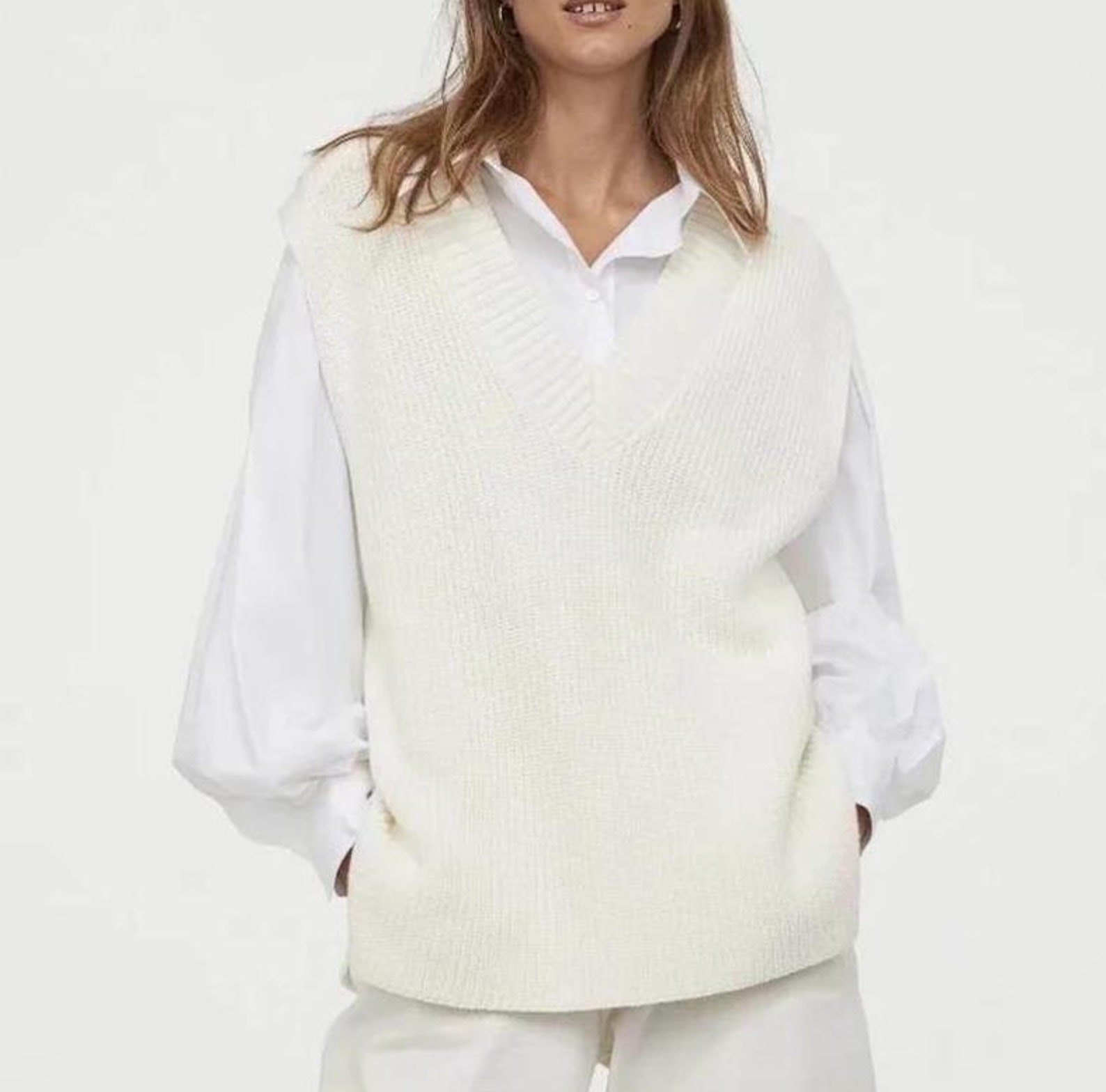Women's Oversized V Neck Knit Sweater Vest Tunic Sleeveless Pullover ...
