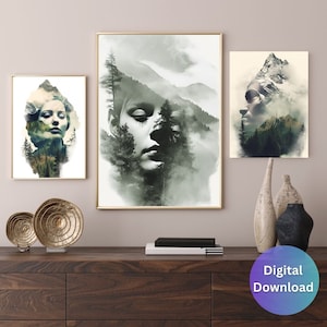 Könnte beinhalten: Drei digitale Kunstdrucke mit dem Gesicht einer Frau, über das eine Berglandschaft gelegt wurde. Die Drucke sind in Schwarzweiß mit einem Aquarelleffekt. Die Drucke sind in Gold gerahmt.