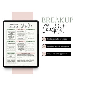 Peut inclure: Une liste de contrôle de rupture imprimable avec un schéma de couleurs vert et rose. La liste de contrôle est divisée en sept jours avec des suggestions pour chaque jour. Le texte comprend des phrases comme "Bloquer partout", "Annuler les contacts inutiles", "Ne pas rendre", "Arrêter de boire", "Méditer 15 minutes", "Faire un plan pour une nouvelle routine", "Créer un dîner de soutien", "Tenir un journal sur votre vie de rêve dans 50 ans", "Félicitations ! Pouvez-vous vous offrir un massage, une manucure, une pédicure, etc. ?"
