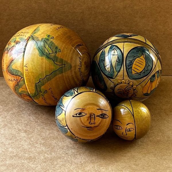 Vintage nesting wooden globe earth zodiac moon sun