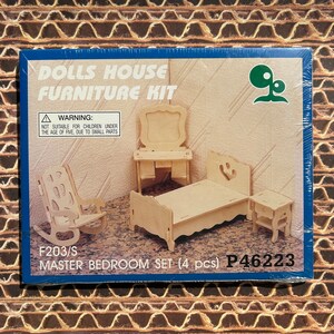 vintage dolls house furniture kit, master bedroom set, miniature wooden furniture, craft kit, dollhouse accessories |A9|