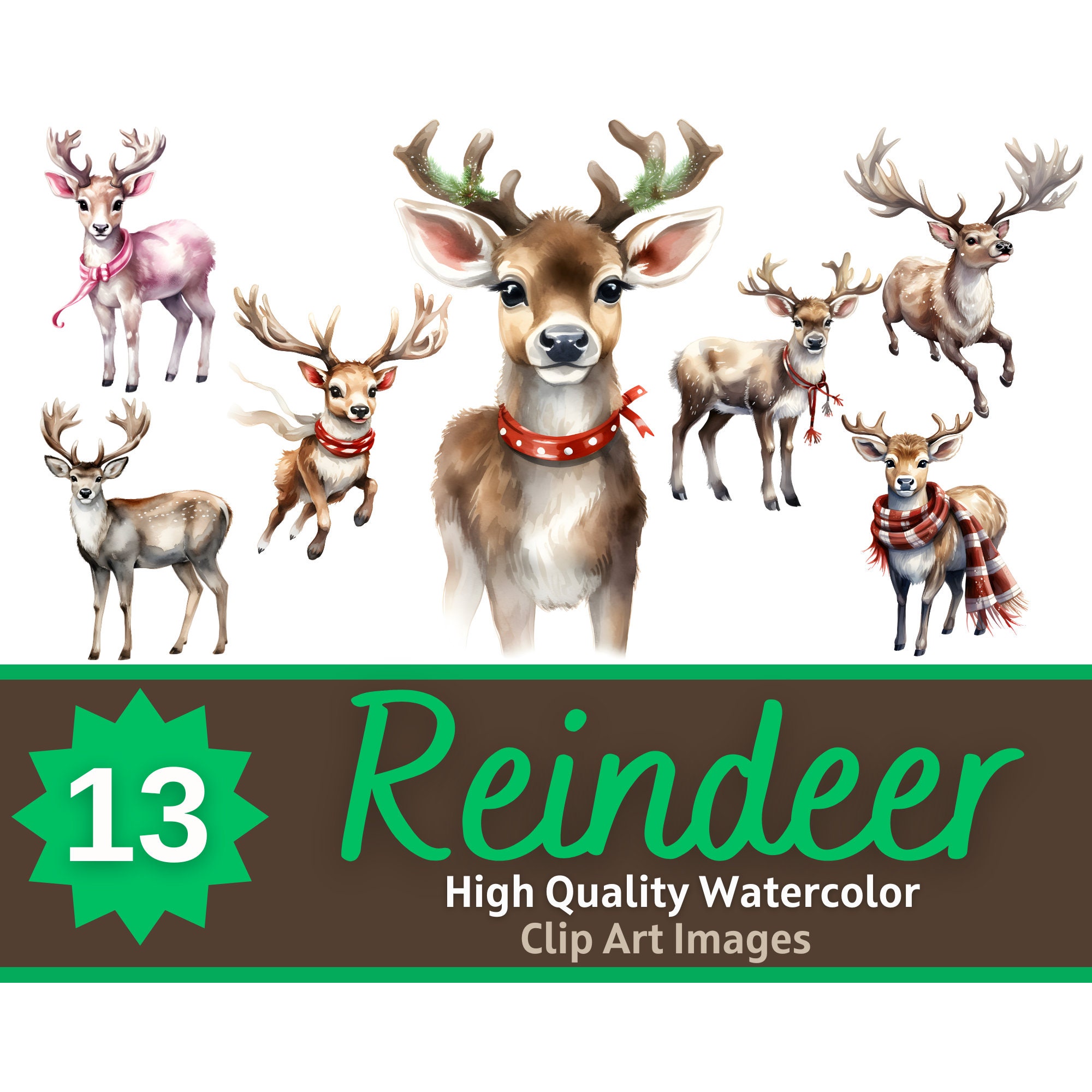 Santa's Reindeer Clipart PNG Watercolor Bundle | Christmas Reindeer ...