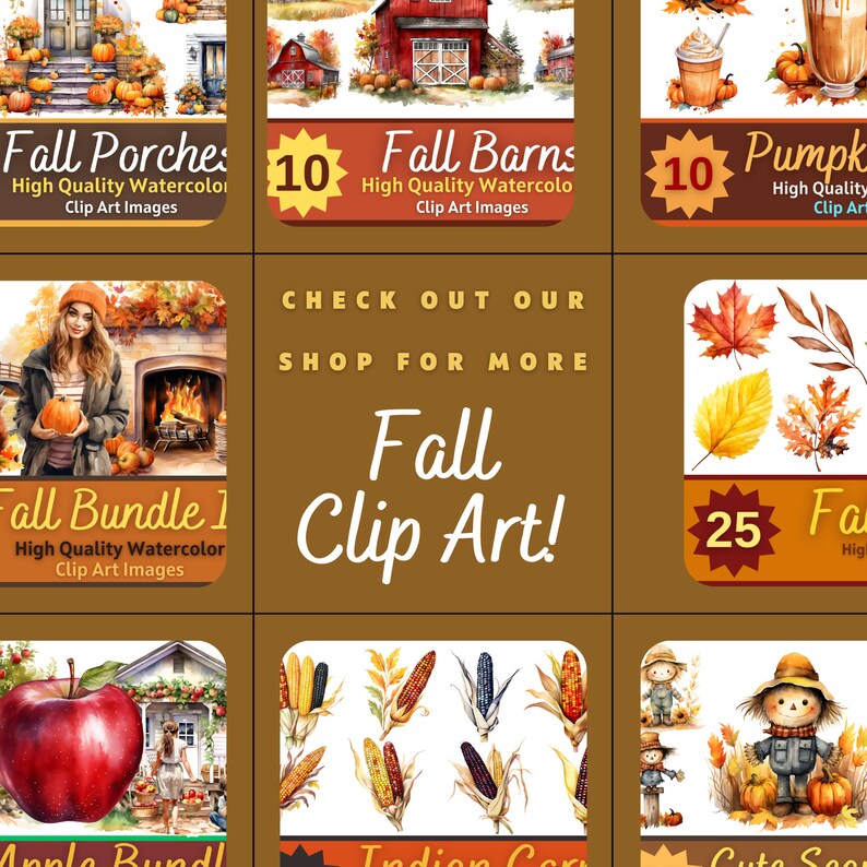 Puede incluir: Una colecci&oacute;n de im&aacute;genes de clip art de acuarela con temas oto&ntilde;ales, que incluyen calabazas, graneros, porches, hojas, ma&iacute;z y espantap&aacute;jaros. Las im&aacute;genes son de alta calidad y perfectas para manualidades, scrapbooking y otros proyectos creativos.