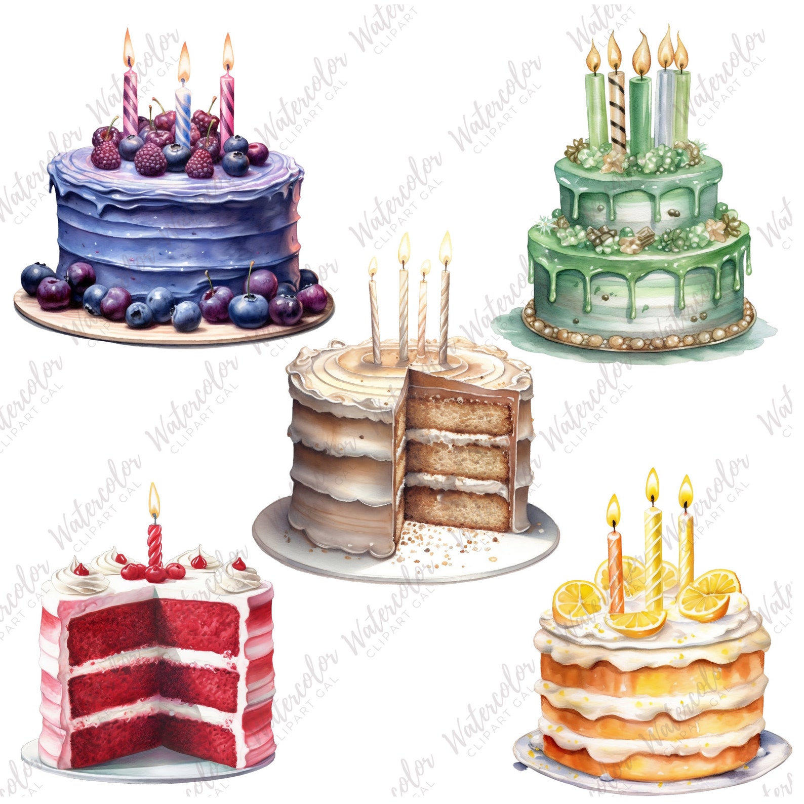 Watercolor Birthday Cake Clipart PNG Bundle - Birthday Party Clipart ...