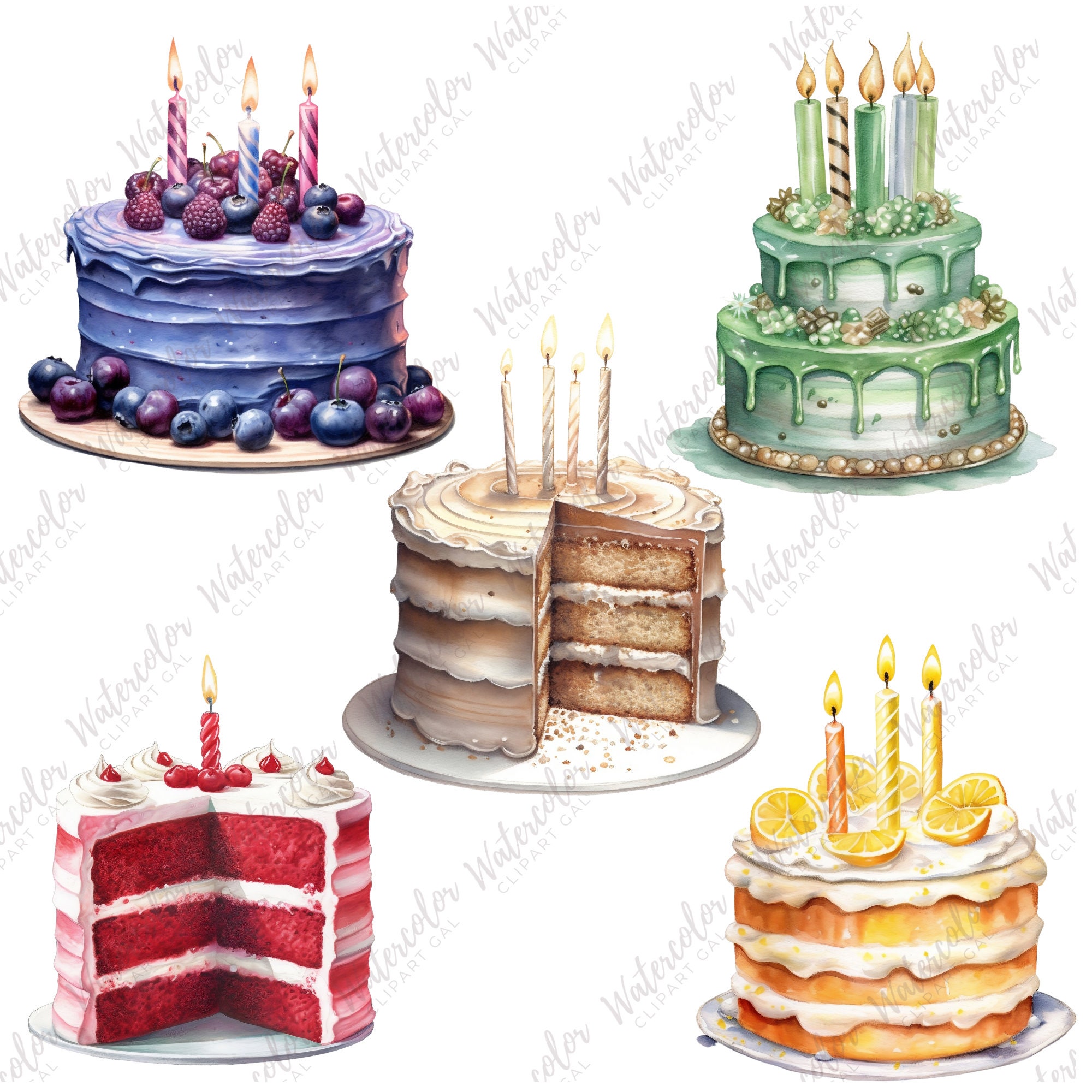 Watercolor Birthday Cake Clipart PNG Bundle - Birthday Party Clipart ...