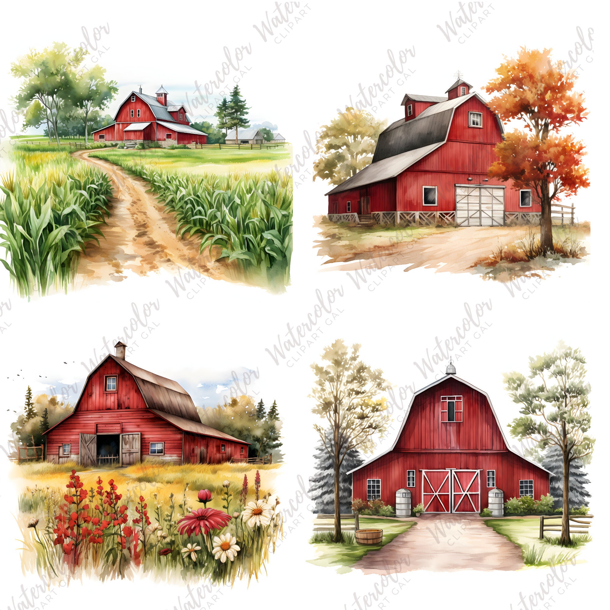 Vintage Red Barn Clipart Watercolor PNG Bundle | Farmers House Pngs ...