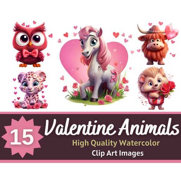Valentines Day Animals Clipart Watercolor Bundle | Valentine's Day Clipart | Cute Animal Clipart | Valentines Junk Journal | Cardmaking