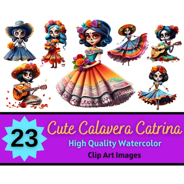 Catrina Calavera Sugar Skull PNG Watercolor Bundle |  Cute Dia de los Muertos Clipart | Kawaii Skull Clipart | Cardmaking Embellishment